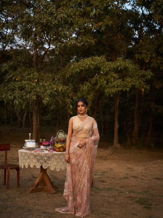 Nude Sequin-Embroidered Net Saree with Sculpted Border