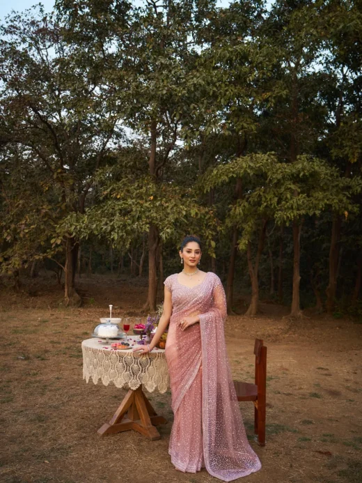 Rose Quartz Sequin-Embellished Net Saree with Sculpted Blouse