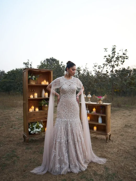 Champagne Silver Hand-Embroidered Bridal Gown with Cape Sleeves