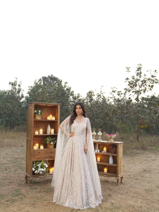 Ivory Silver Hand-Embroidered Bridal Gown with Cape Sleeves