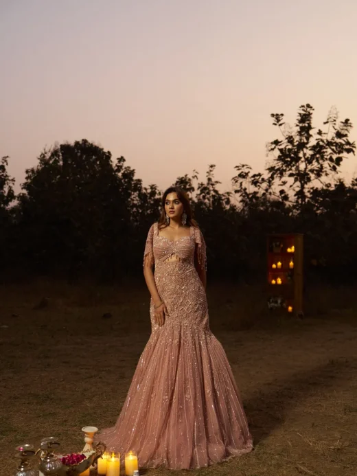 Blush Rose Hand-Embroidered Bridal Gown with Cutwork Bodice and Beaded Sleeves